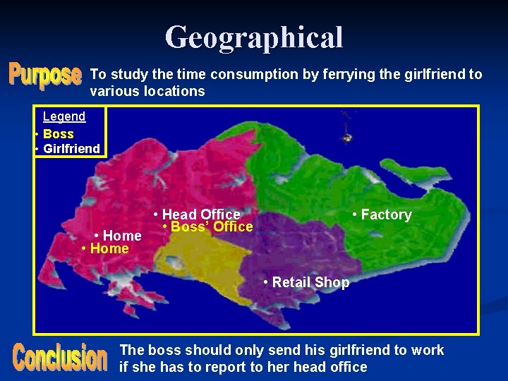 Geographical To study the time consumption by ferrying the girlfriend to various locations Legend
