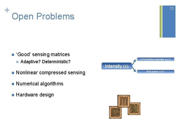 + 72 Open Problems n ‘Good’ sensing matrices n Adaptive? Deterministic? n Nonlinear compressed