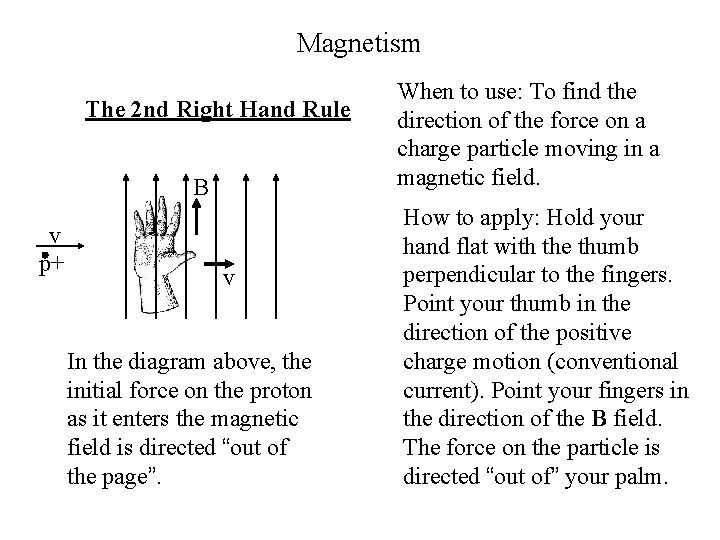 Magnetism The 2 nd Right Hand Rule B v p+ v In the diagram