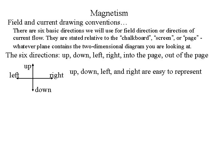 Magnetism Field and current drawing conventions… There are six basic directions we will use
