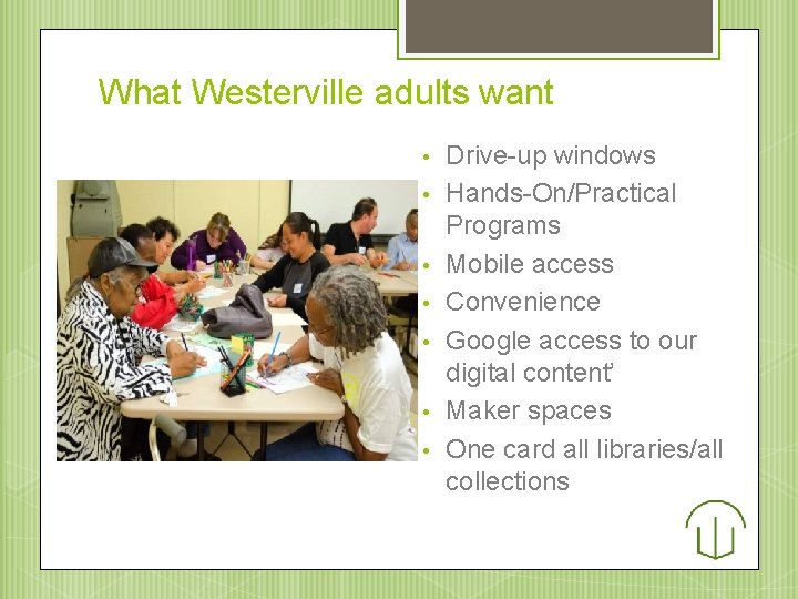 What Westerville adults want • • Drive-up windows Hands-On/Practical Programs Mobile access Convenience Google