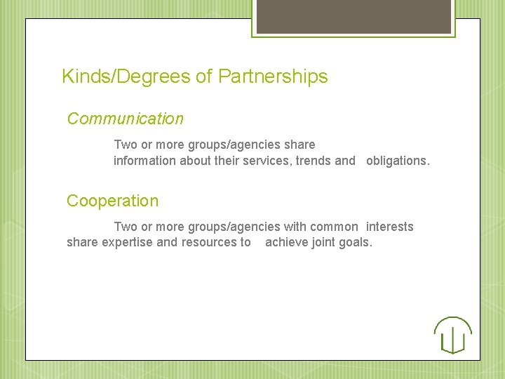 Kinds/Degrees of Partnerships Communication Two or more groups/agencies share information about their services, trends