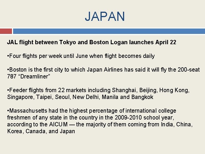JAPAN JAL flight between Tokyo and Boston Logan launches April 22 • Four flights
