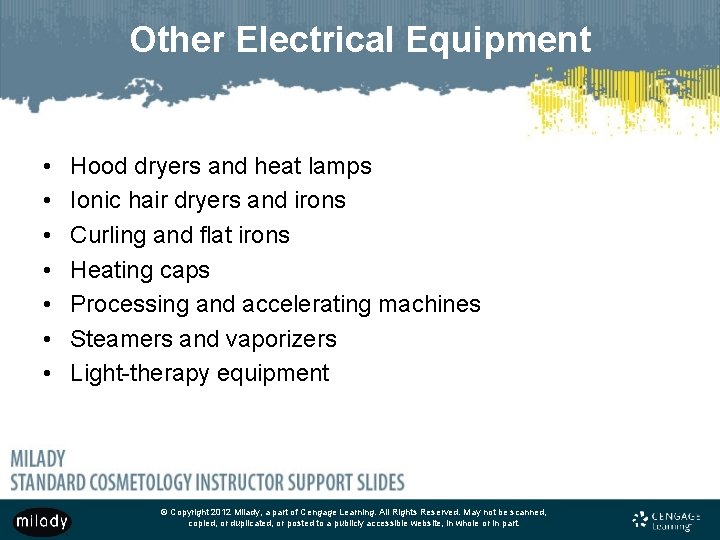 Other Electrical Equipment • • Hood dryers and heat lamps Ionic hair dryers and