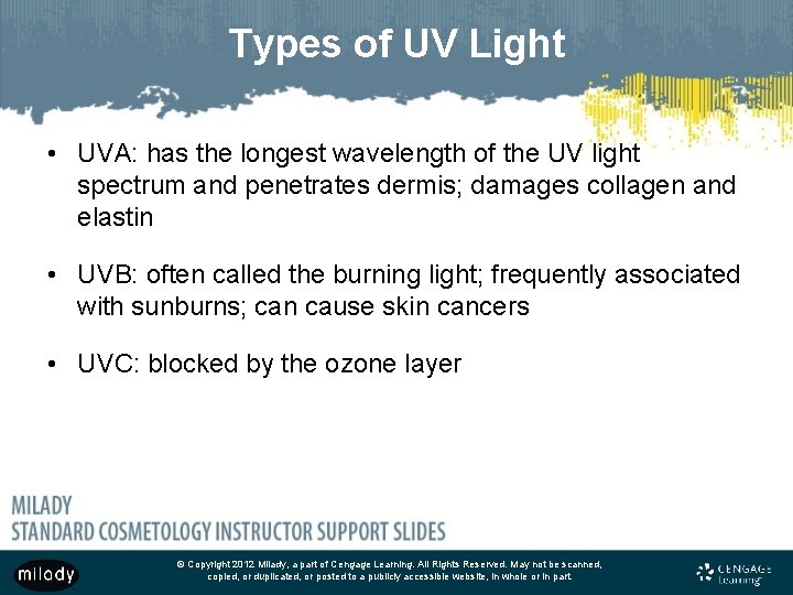 Types of UV Light • UVA: has the longest wavelength of the UV light