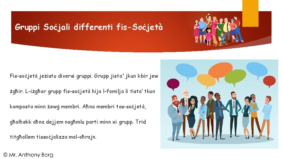 Gruppi Soċjali differenti fis-Soċjetà Fis-soċjetà jeżistu diversi gruppi. Grupp jista' jkun kbir jew żgħir.