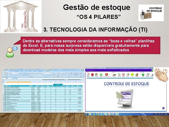 TEC. INFORMAÇÃO Gestão de estoque “OS 4 PILARES” 3. TECNOLOGIA DA INFORMAÇÃO (TI) Dentre