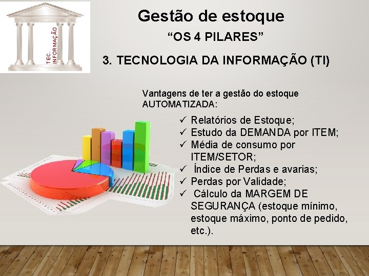 TEC. INFORMAÇÃO Gestão de estoque “OS 4 PILARES” 3. TECNOLOGIA DA INFORMAÇÃO (TI) Vantagens