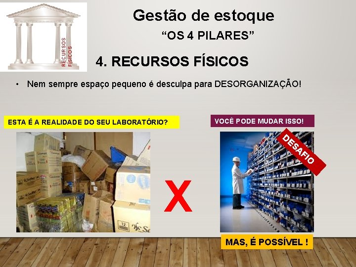 RECURSOS FÍSICOS Gestão de estoque “OS 4 PILARES” 4. RECURSOS FÍSICOS • Nem sempre