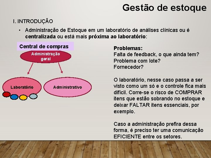 Gestão de estoque I. INTRODUÇÃO • Administração de Estoque em um laboratório de análises