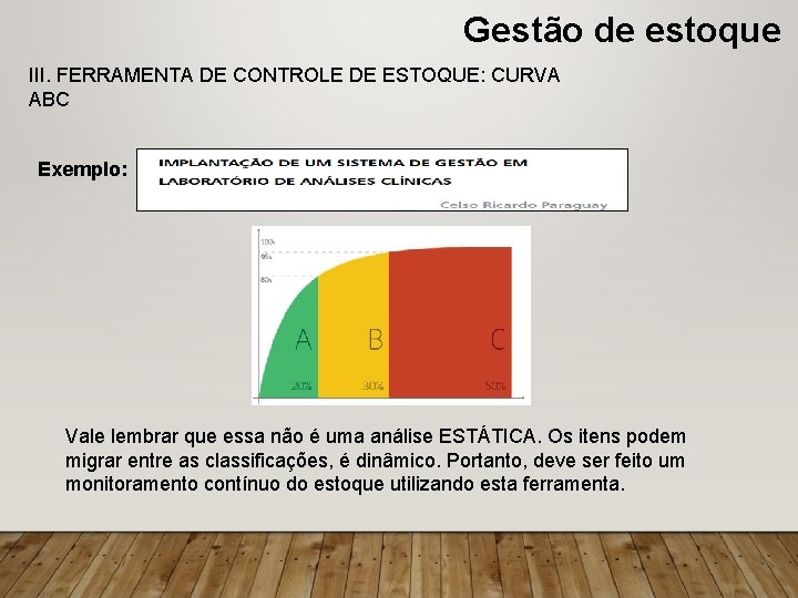 Gestão de estoque III. FERRAMENTA DE CONTROLE DE ESTOQUE: CURVA ABC Exemplo: Vale lembrar