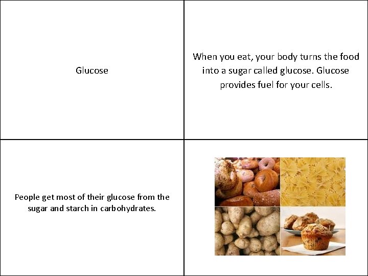 Glucose People get most of their glucose from the sugar and starch in carbohydrates.