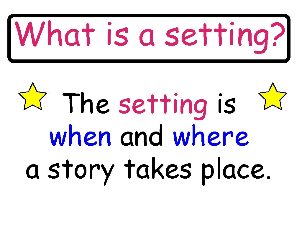 What is a setting? The setting is when and where a story takes place.