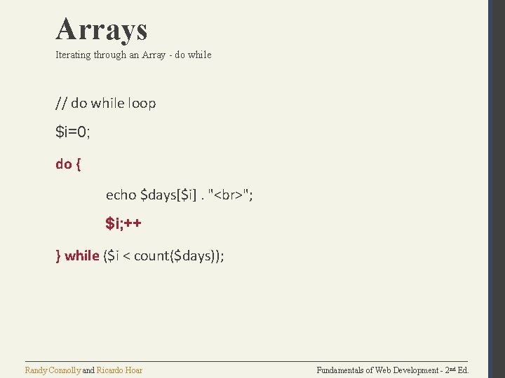 Arrays Iterating through an Array - do while // do while loop $i=0; do