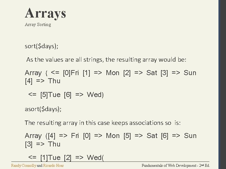Arrays Array Sorting sort($days); As the values are all strings, the resulting array would