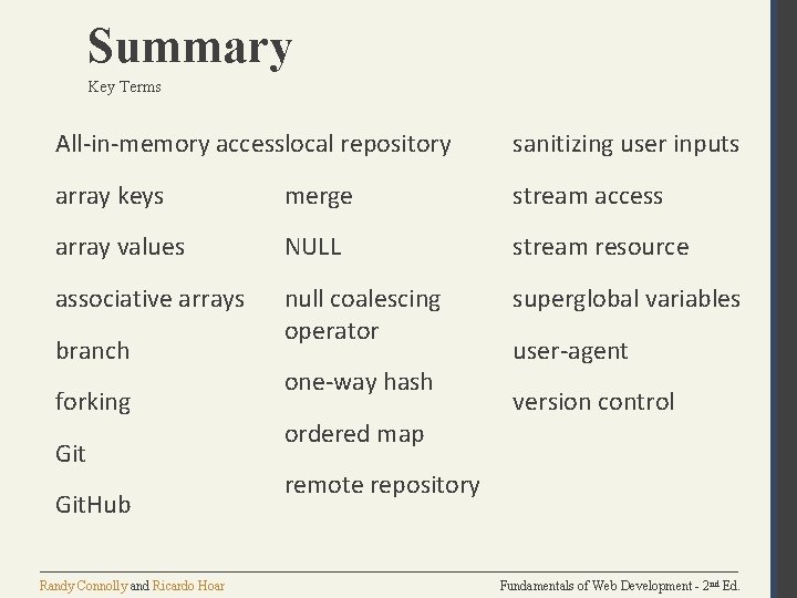 Summary Key Terms All-in-memory accesslocal repository sanitizing user inputs array keys merge stream access