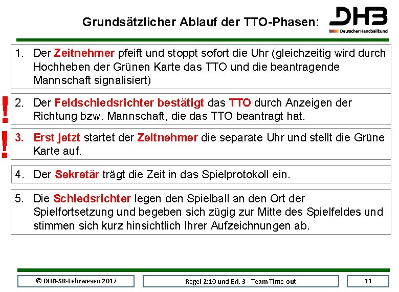 ! ! Grundsätzlicher Ablauf der TTO-Phasen: 1. Der Zeitnehmer pfeift und stoppt sofort die