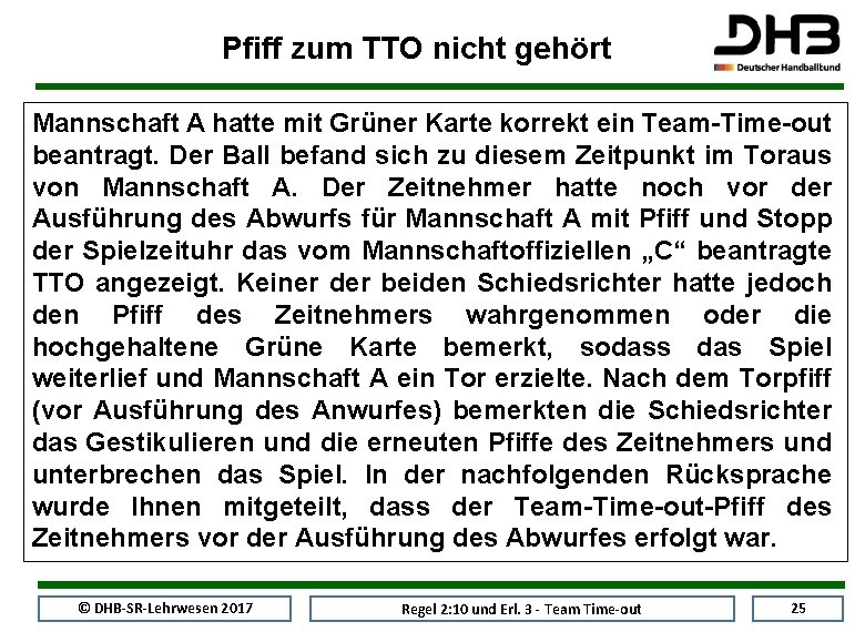 Pfiff zum TTO nicht gehört Mannschaft A hatte mit Grüner Karte korrekt ein Team-Time-out