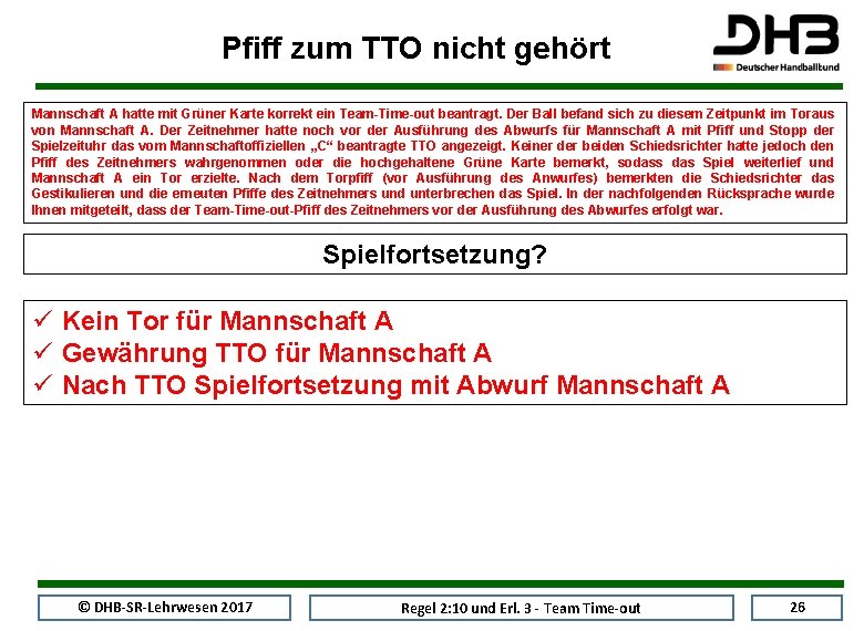Pfiff zum TTO nicht gehört Mannschaft A hatte mit Grüner Karte korrekt ein Team-Time-out