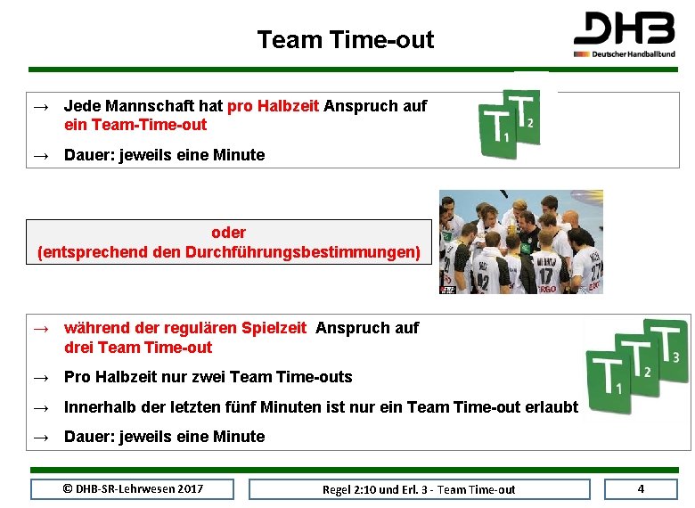 Team Time-out → Jede Mannschaft hat pro Halbzeit Anspruch auf ein Team-Time-out → Dauer: