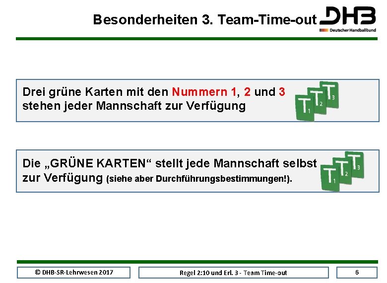 Besonderheiten 3. Team-Time-out Drei grüne Karten mit den Nummern 1, 2 und 3 stehen