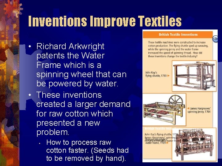 Inventions Improve Textiles • Richard Arkwright patents the Water Frame which is a spinning