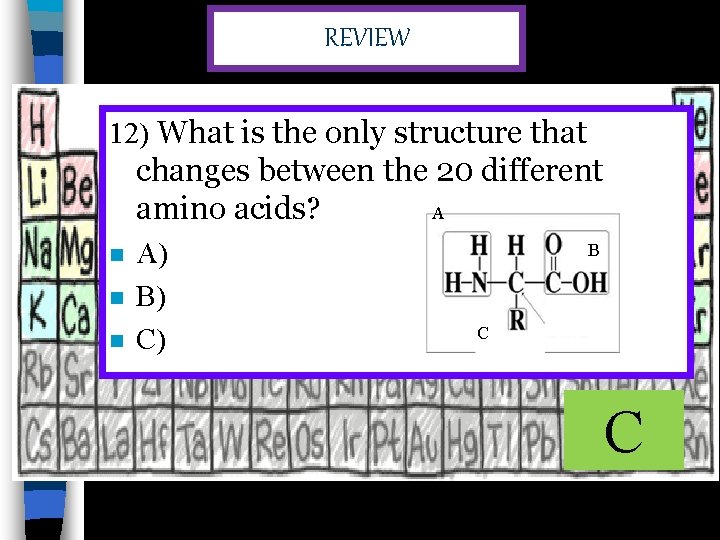 REVIEW 12) What is the only structure that changes between the 20 different amino