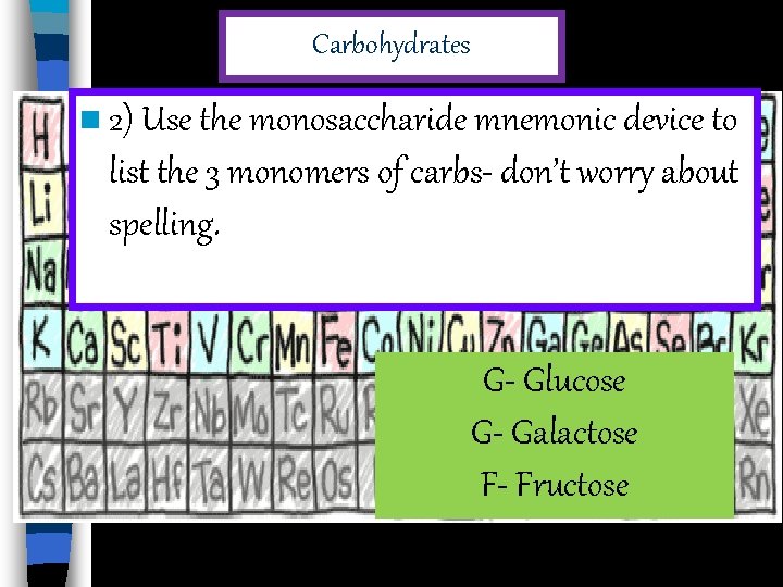 Carbohydrates n 2) Use the monosaccharide mnemonic device to list the 3 monomers of
