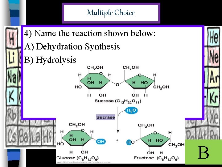 Multiple Choice 4) Name the reaction shown below: A) Dehydration Synthesis B) Hydrolysis B