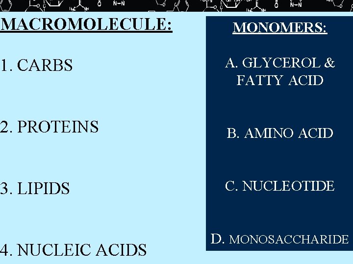 MACROMOLECULE: MONOMERS: 1. CARBS A. GLYCEROL & FATTY ACID 2. PROTEINS B. AMINO ACID