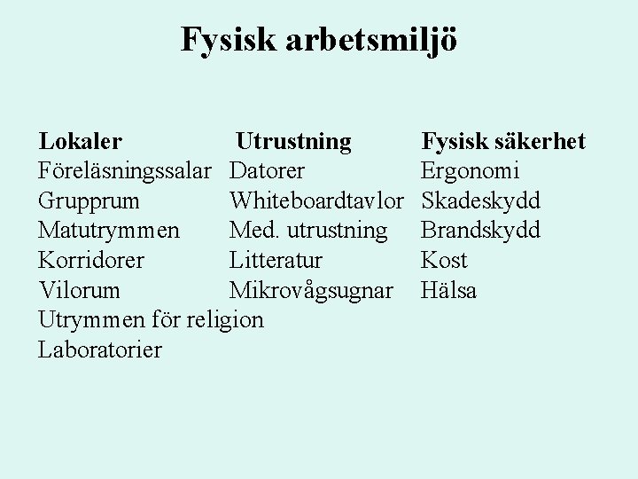 Fysisk arbetsmiljö Lokaler Utrustning Föreläsningssalar Datorer Grupprum Whiteboardtavlor Matutrymmen Med. utrustning Korridorer Litteratur Vilorum