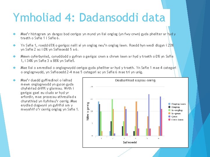 Ymholiad 4: Dadansoddi data Mae’r histogram yn dangos bod cerigos yn mynd yn llai