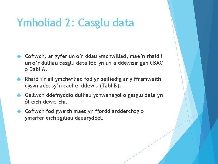 Ymholiad 2: Casglu data Cofiwch, ar gyfer un o’r ddau ymchwiliad, mae’n rhaid i