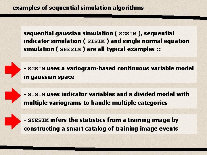 examples of sequential simulation algorithms sequential gaussian simulation ( SGSIM ), sequential indicator simulation