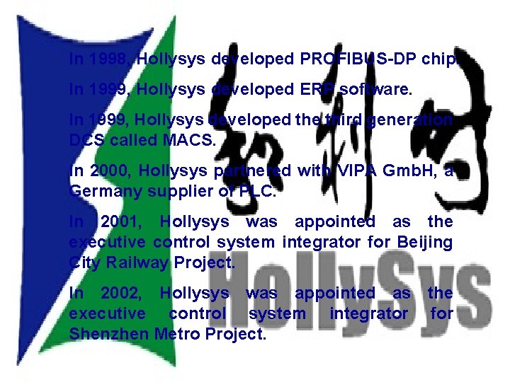 Brief Introduction In 1998, Hollysys developed PROFIBUS-DP chip. In 1999, Hollysys developed ERP software.