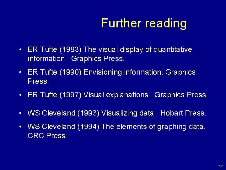 Further reading • ER Tufte (1983) The visual display of quantitative information. Graphics Press.