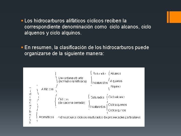 § Los hidrocarburos alifáticos cíclicos reciben la correspondiente denominación como ciclo alcanos, ciclo alquenos