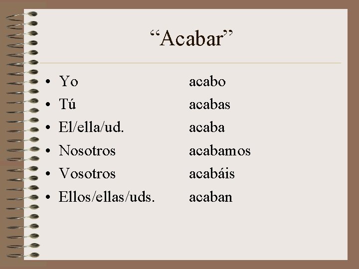 “Acabar” • • • Yo Tú El/ella/ud. Nosotros Vosotros Ellos/ellas/uds. acabo acabas acabamos acabáis