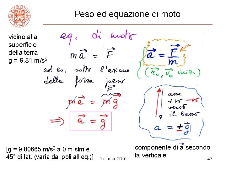 Peso ed equazione di moto vicino alla superficie della terra g = 9. 81