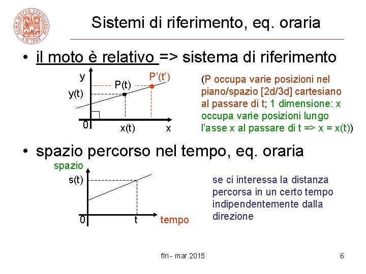 Sistemi di riferimento, eq. oraria • il moto è relativo => sistema di riferimento