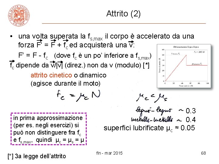 Attrito (2) • una volta superata la fs, max il corpo è accelerato da