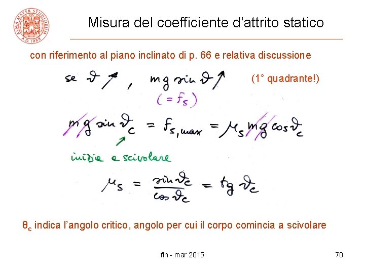 Misura del coefficiente d’attrito statico con riferimento al piano inclinato di p. 66 e