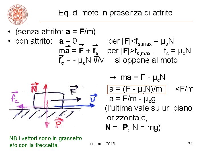 Eq. di moto in presenza di attrito • (senza attrito: a = F/m) •