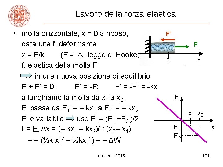 Lavoro della forza elastica • molla orizzontale, x = 0 a riposo, data una