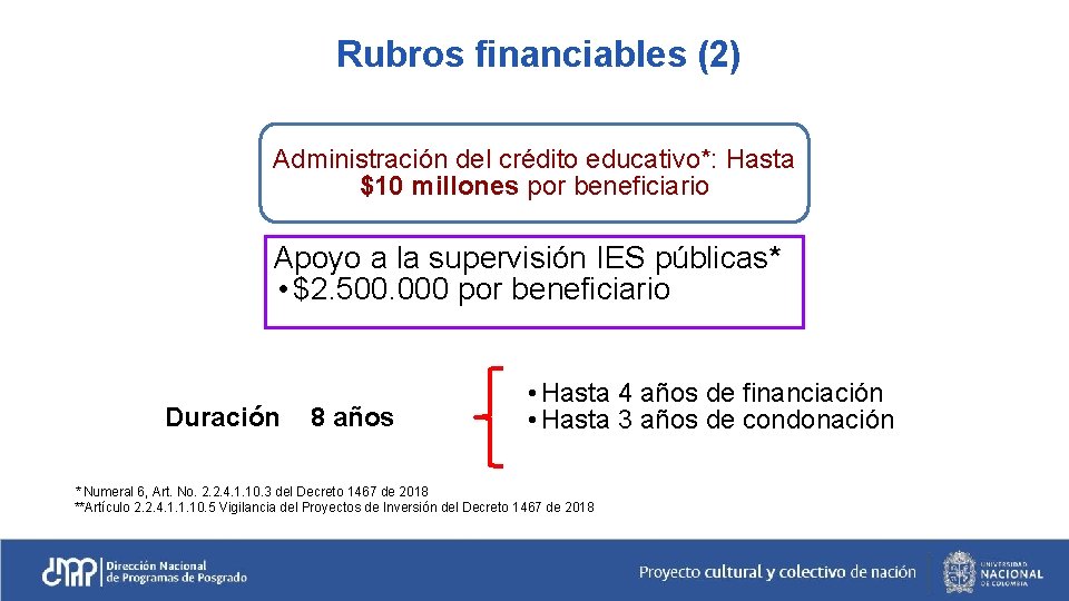 Rubros financiables (2) Administración del crédito educativo*: Hasta $10 millones por beneficiario Apoyo a