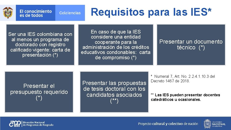 Requisitos para las IES* Ser una IES colombiana con al menos un programa de