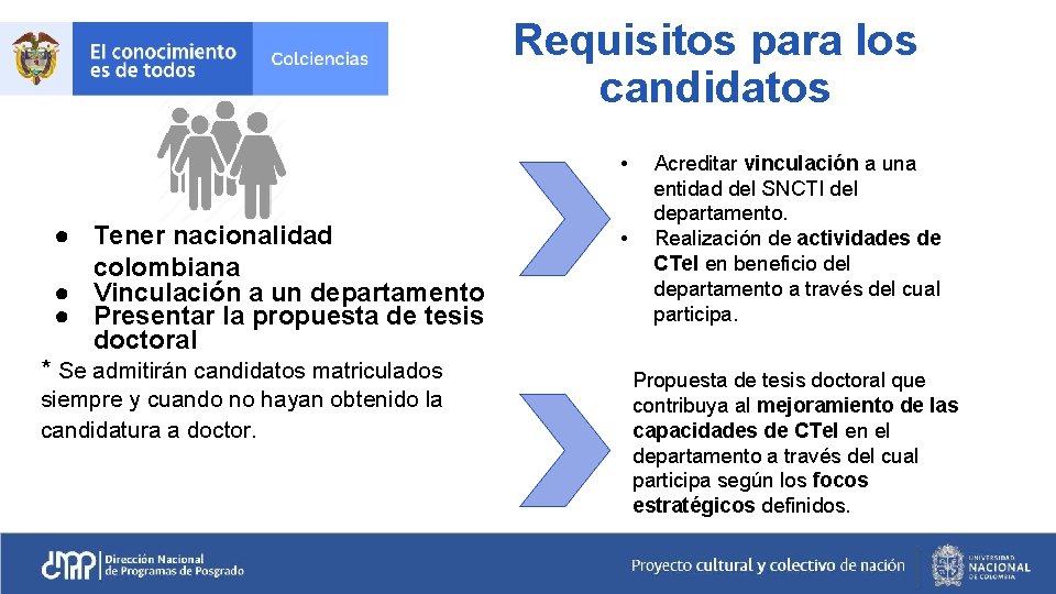 Requisitos para los candidatos • la formación de ● Tener. Apoyar nacionalidad profesionales colombianos