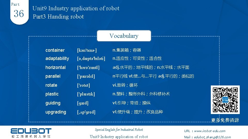 Part 36 Unit 9 Industry application of robot Part 3 Handing robot Vocabulary container