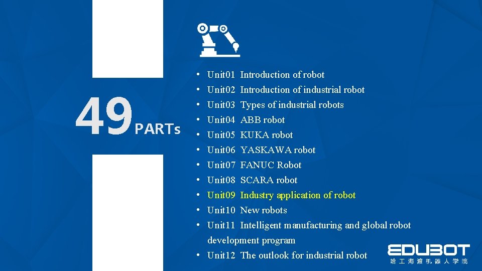 49 PARTs • • • Unit 01 Introduction of robot Unit 02 Introduction of