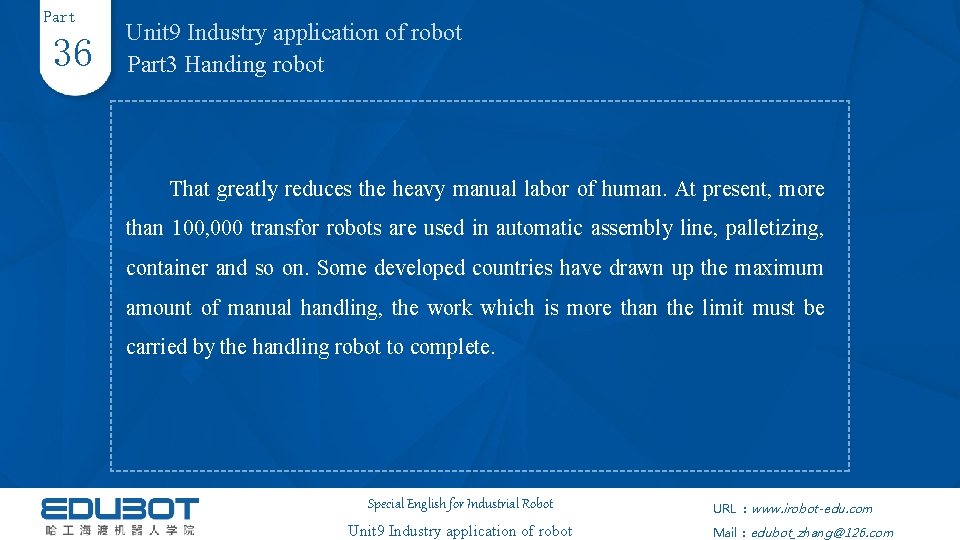 Part 36 Unit 9 Industry application of robot Part 3 Handing robot That greatly